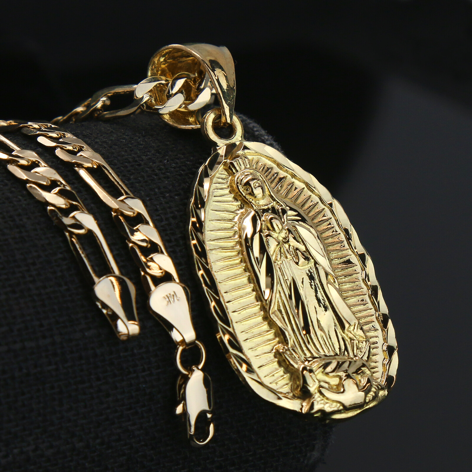 Guadalupe Width 14k Gold Plated Charm Pendant 18″ Figaro Necklace Choker Chain