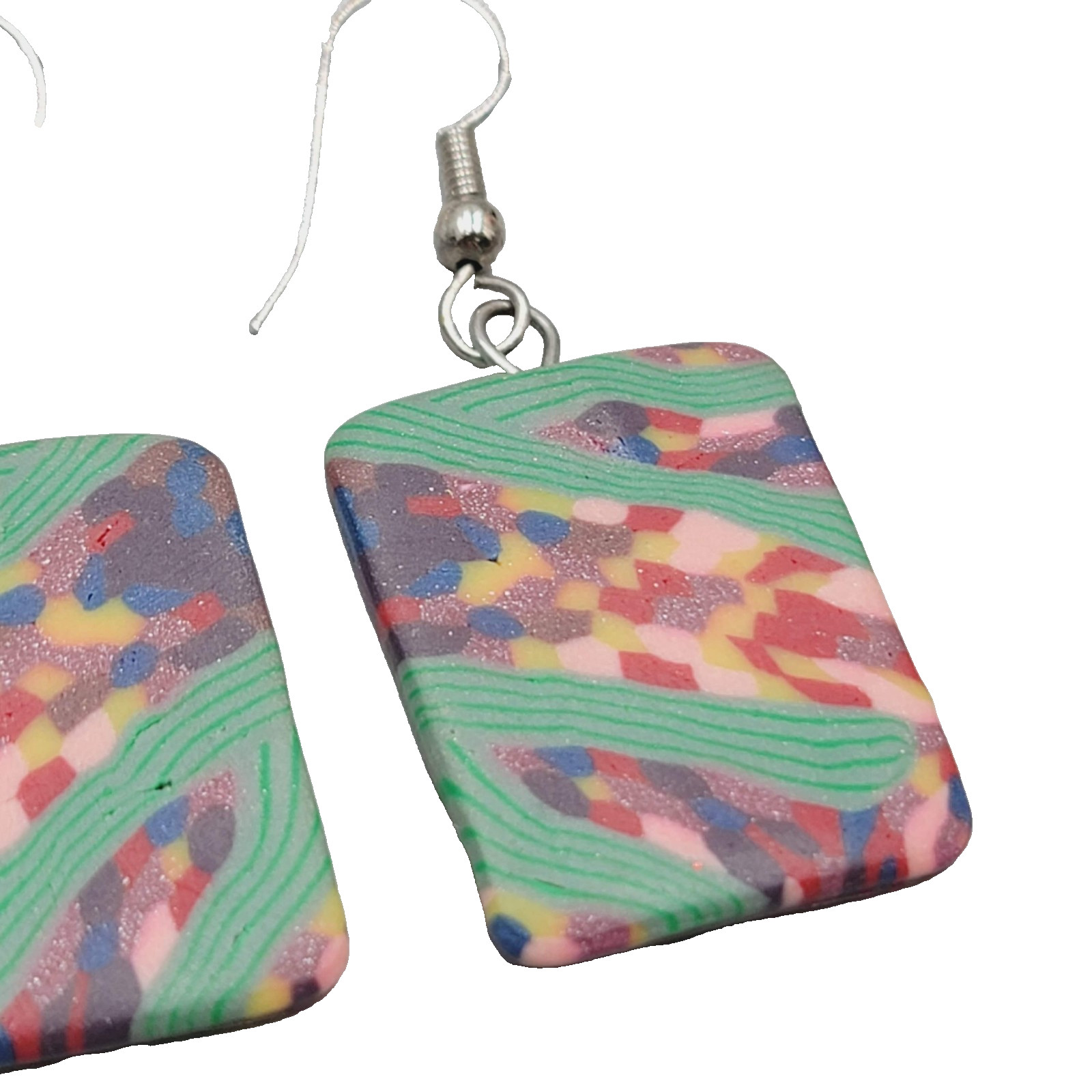 Multicolor Polymer Clay Pierced Earrings Silver tone Dangle 1 1/8″