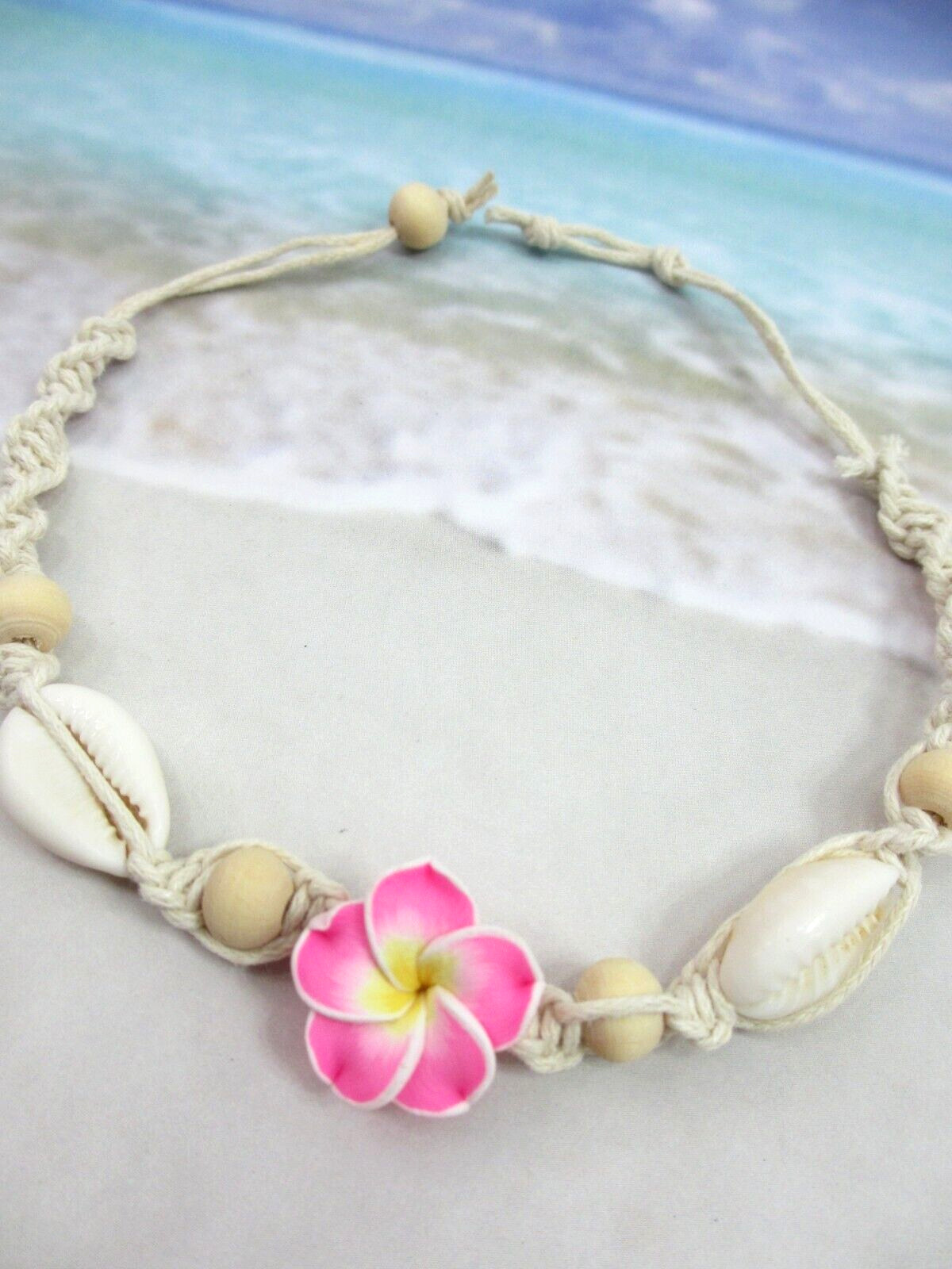 Hibiscus Anklet Seashell Ankle Bracelet Macrame Pink Beach Flower Hawaiian Surf