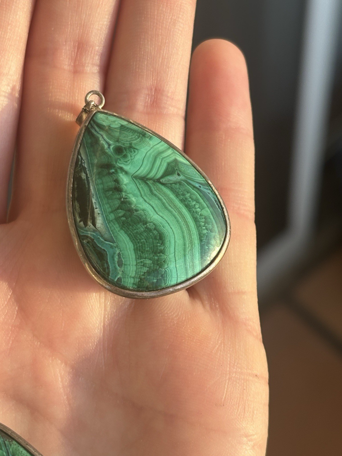 Green Malachite Gemstone Teardrop/Pear shape Bezel-Set Silver Pendant Charm
