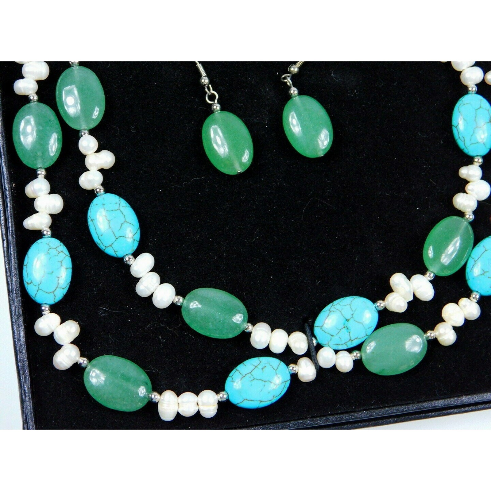 Turquoise Dyed Magnesite Aventurine Freshwater Pearl Necklace & Earrings Set NIB