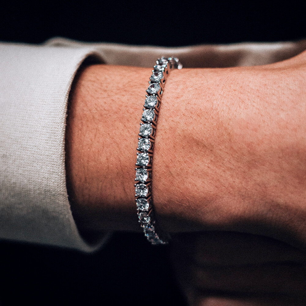 Mens White Gold Plated Silver Hip Hop Iced Cz Pointer Tennis Chain Bracelet