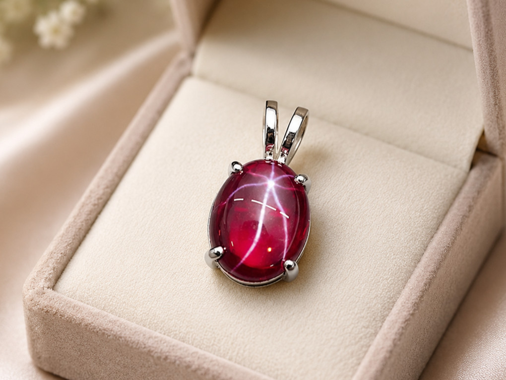 10CT Natural Red Star Sapphire Pendant | 925 Sterling Silver | Oval Cabochon