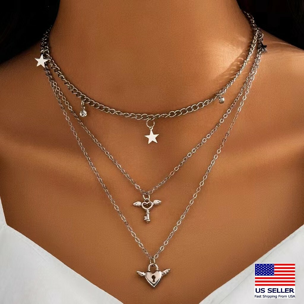 Fashion Women Multilayer Retro Necklace Keyhole Heart Wings Star Pendant 0373