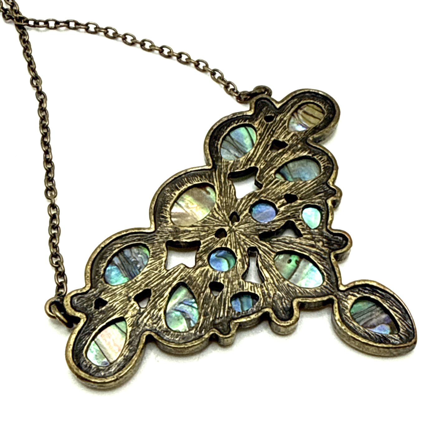 Abalone Pendant Necklace Bronze Tone Oval Cabs Green Rhinestone Accent 19″ – 22″