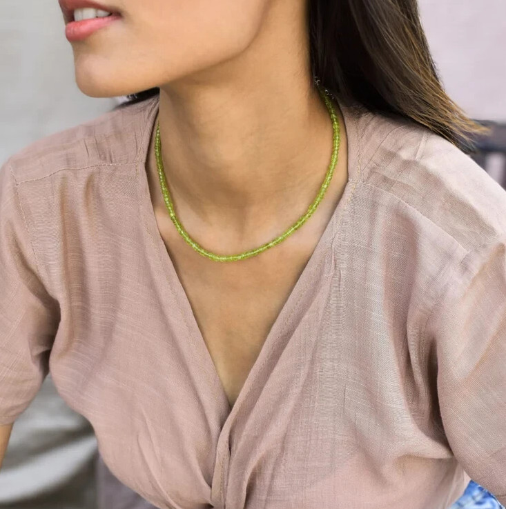 Genuine Faceted Peridot 2mm Beaded Choker Healing Minimalist Birthstone Necklace