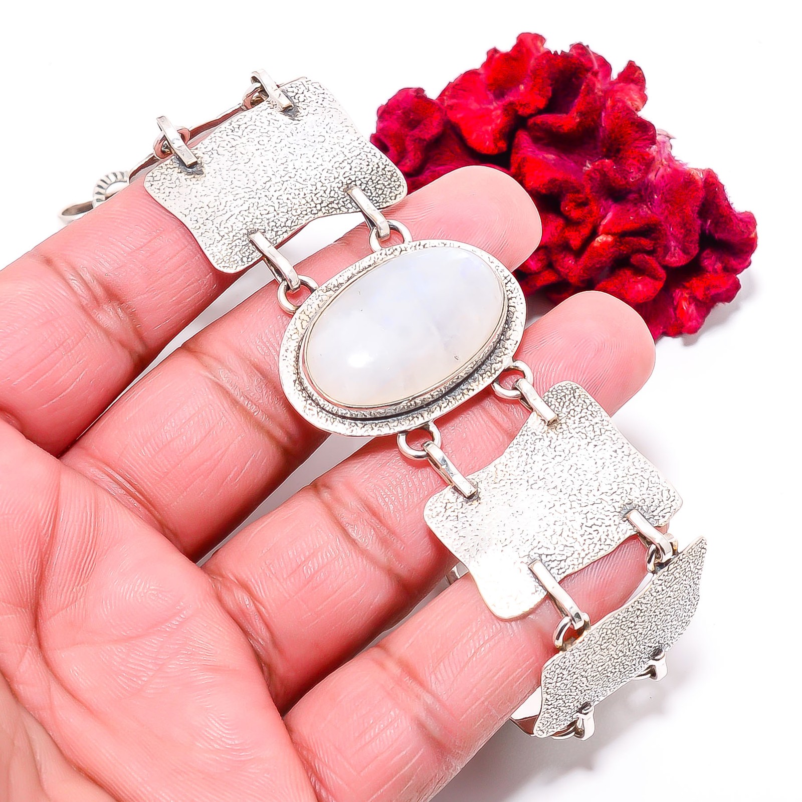 Moonstone – Sri Lanka 925 Sterling Textured Silver Bracelet 8.99″ B84372