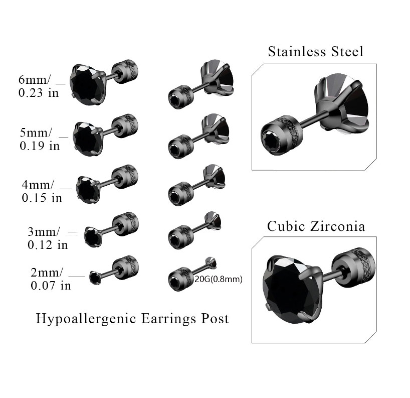 2Pcs Women Men Hypoallergenic Stainless Steel Round CZ Stud Earrings Screw Back
