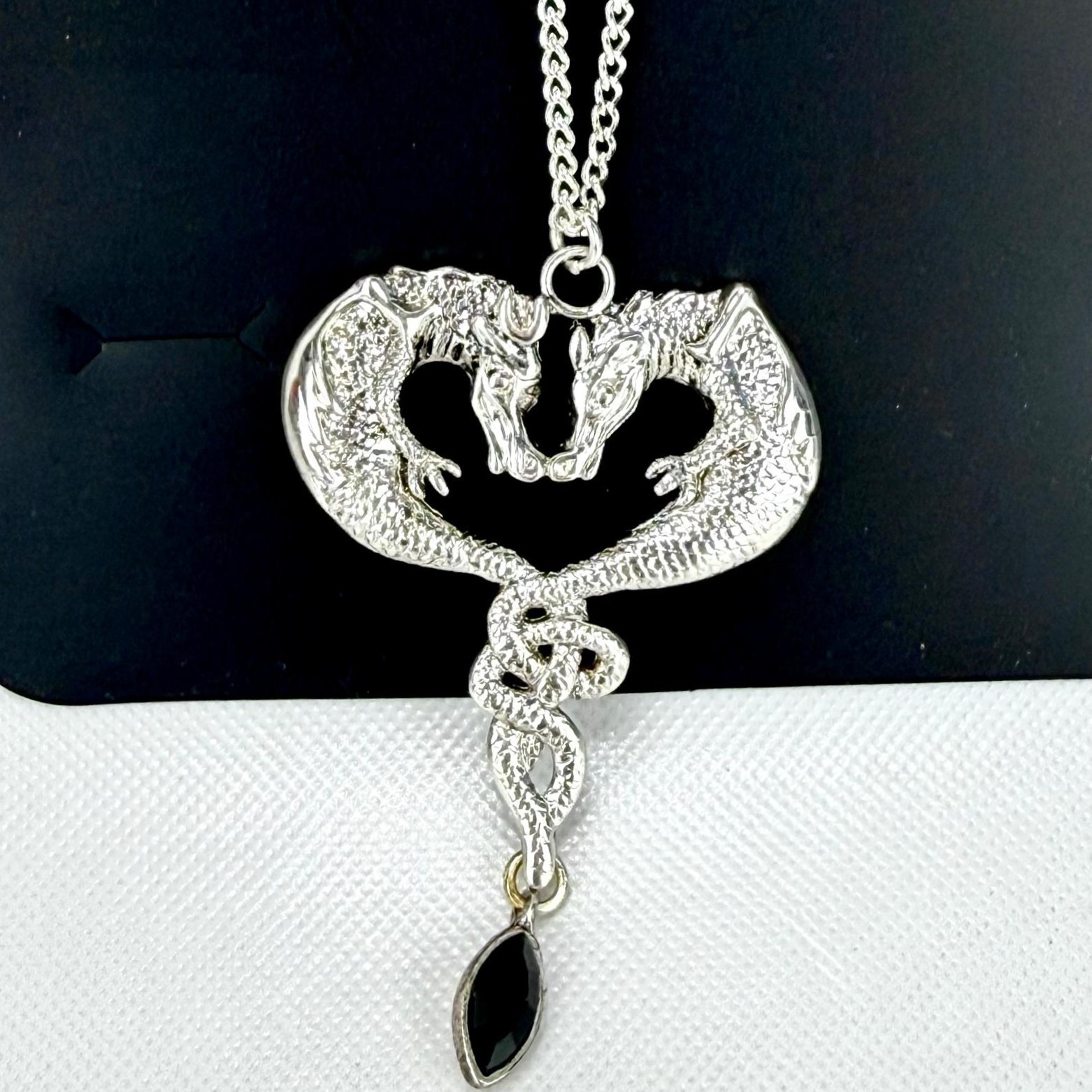 Chain Necklace 2 Dragons Twins Medieval Fantasy Silver Black Stone