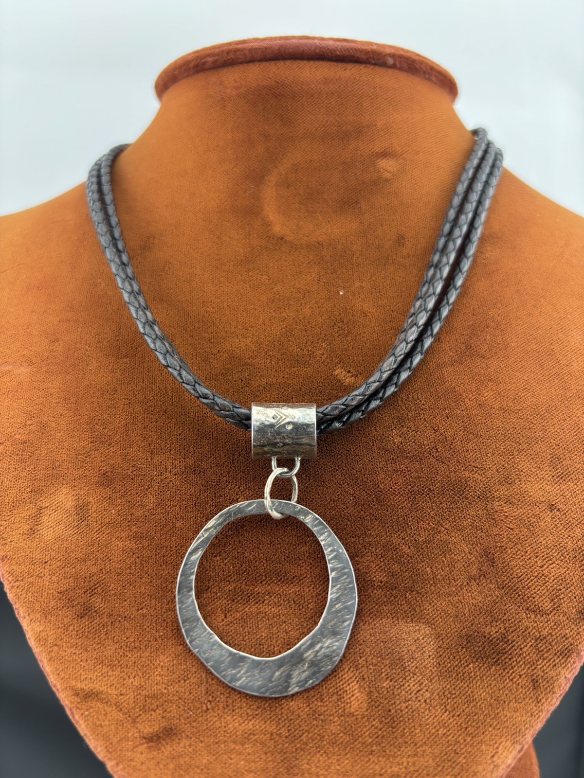 Silpada Necklace Hammered Metal Pendant Brown Leather Cord Sterling Silver N1499