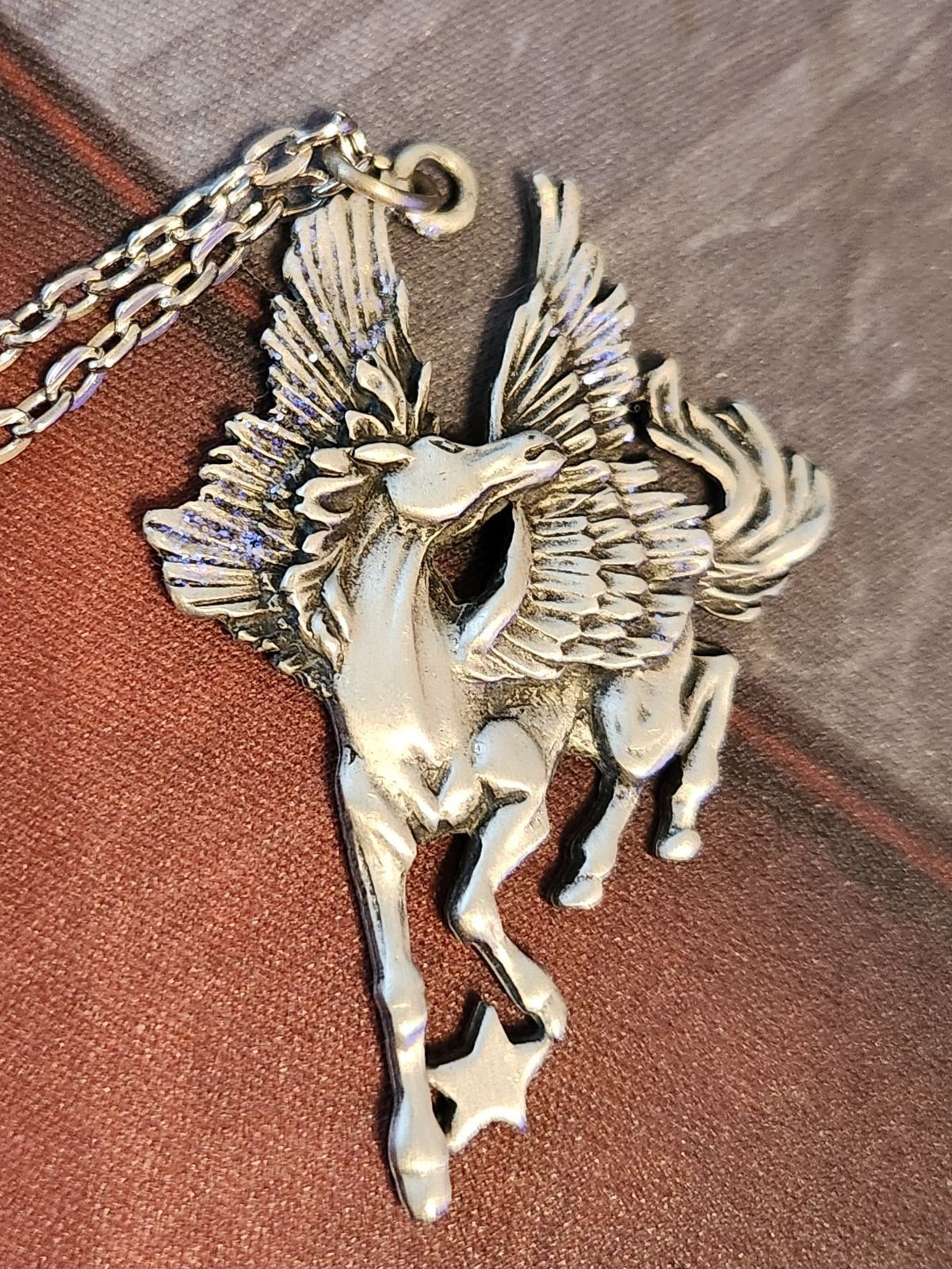 Vintage JJ Jonette Jewelry Pewter Pegasus Pendant Necklace Flying Winged Horse