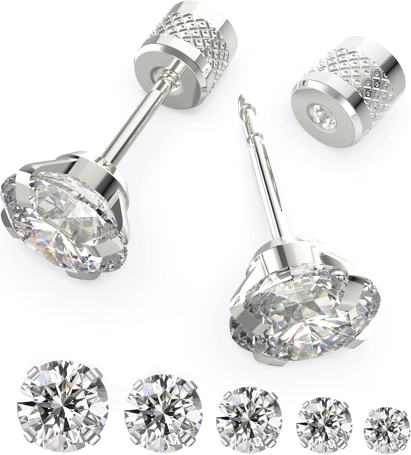 5-6 pairs Push-in Flat Back Stud Earrings Hypoallergenic Surgical Stainless Stee