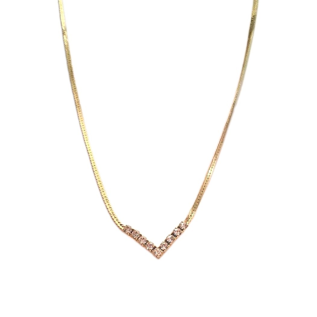 Gold Tone Snake Chain Necklace w/ V-Shaped Crystal Pendant, Adjustable