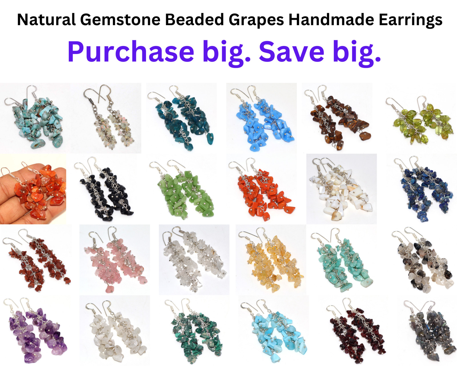 Natural Gemstone Beaded Grapes Cluster Drop & Dangle Earrings Size 2-3″