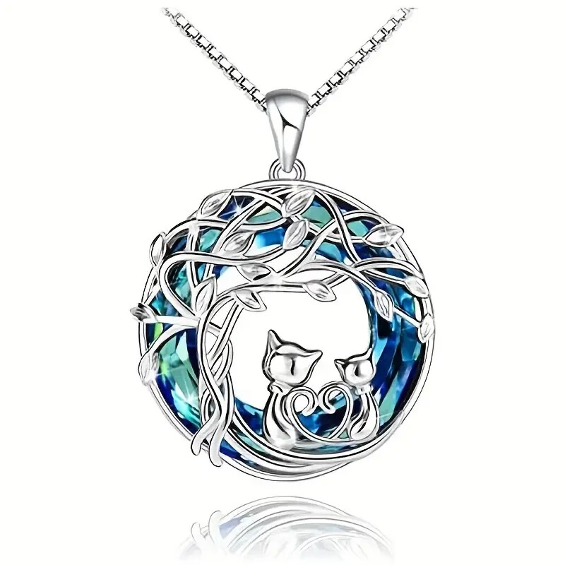 Rainbow Mystical Fire Topaz 925 Sterling Silver Tree Of Life Cat Kitten Necklace