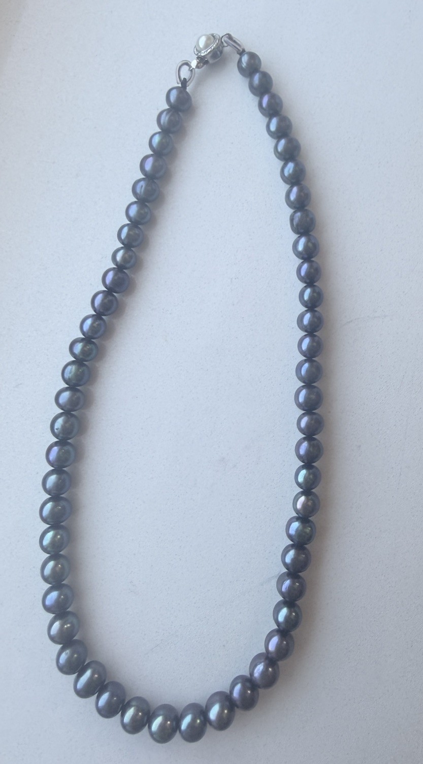Genuine 6-7mm Freshwater Black Natural Pearl Necklace 16 in Silver Clasp