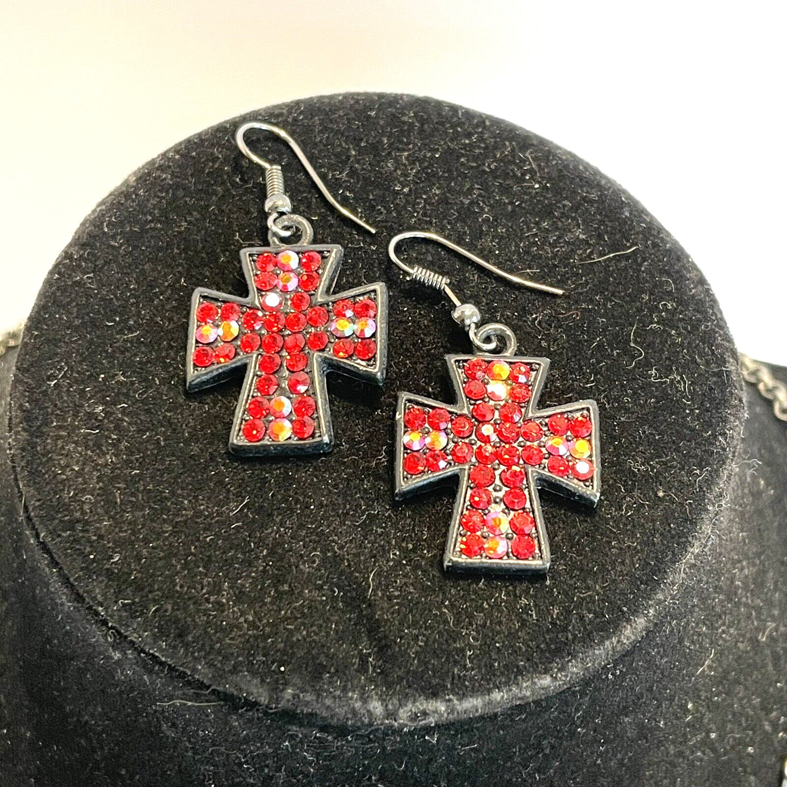 Cross Necklace and Dangle Earring Set Red Aurora Borealis Rhinestones