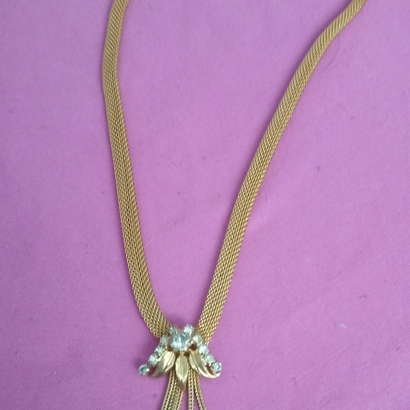 Gold Tone Mesh Chain Tassel Pendant Necklace Clear Rhinestone Accent Adjustable