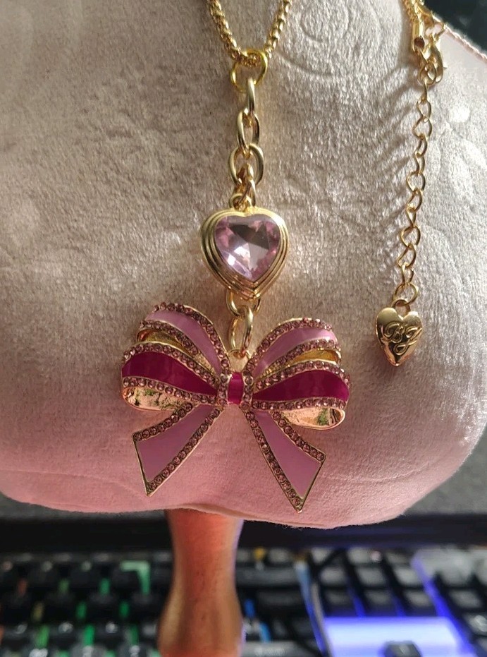 Betsey Johnson Pink Rhinestone Heart And Bow Necklace