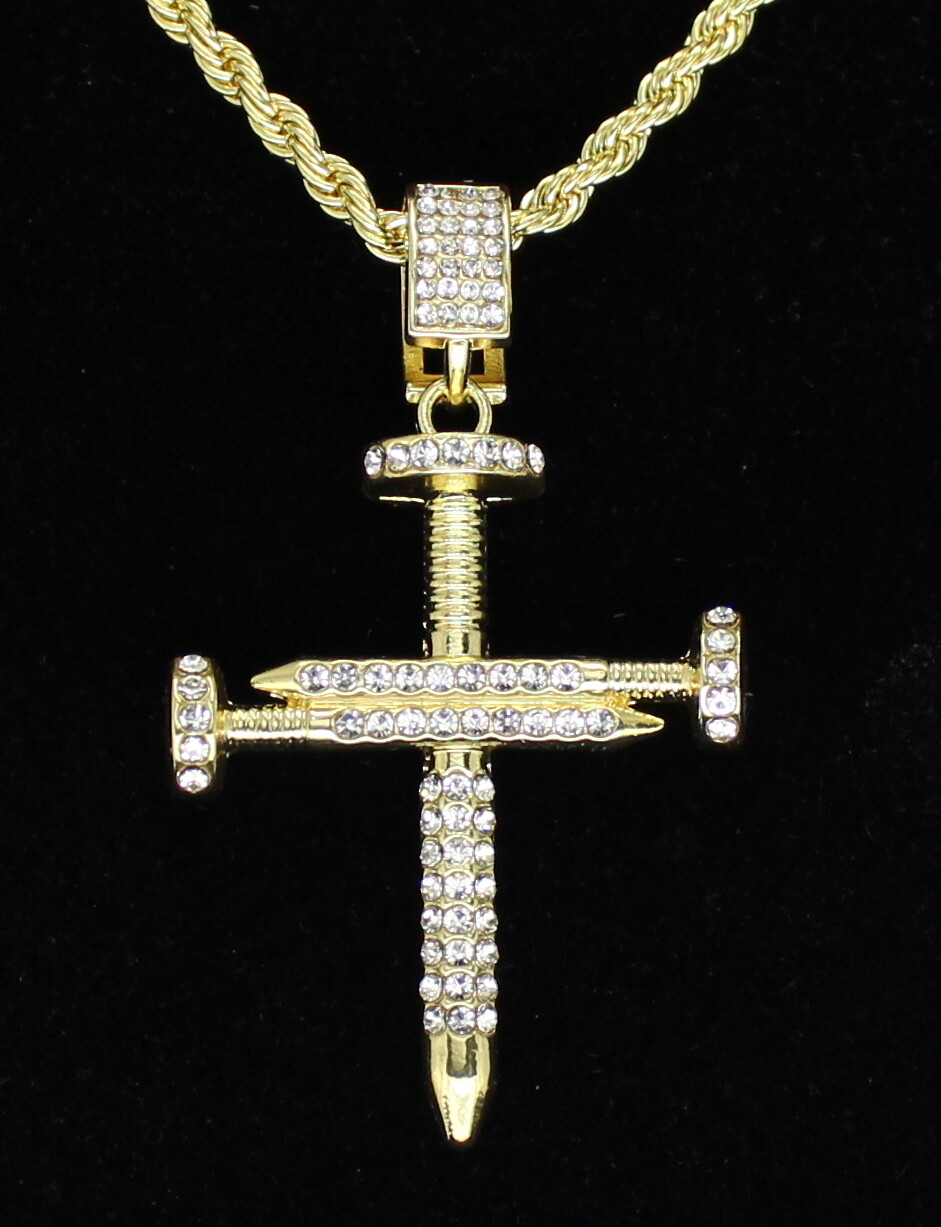 Mens Icy Nail Cross CZ Pendant 14k Gold Plated 24″ Rope Chain Hip Hop Necklace
