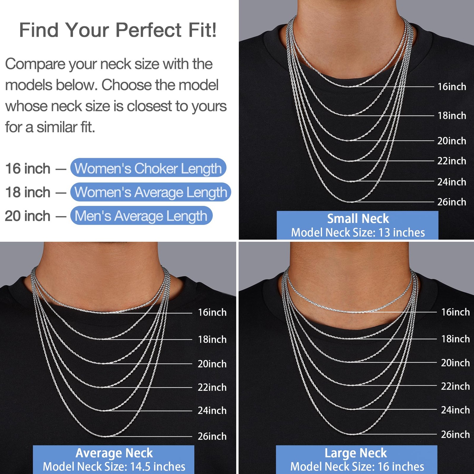 Jewlpire 925 Sterling Silver Chain Necklace For Women 1.5Mm Rope Chains Silver