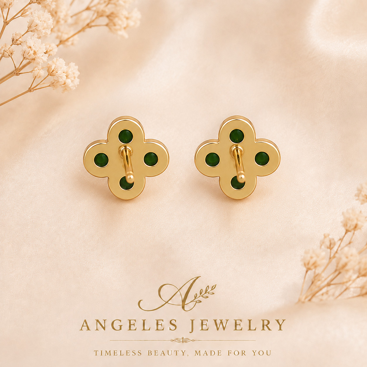 Jade Four-Leaf Clover Stud Earrings Minimalist Bamboo 18K Gold Plated Gemstone