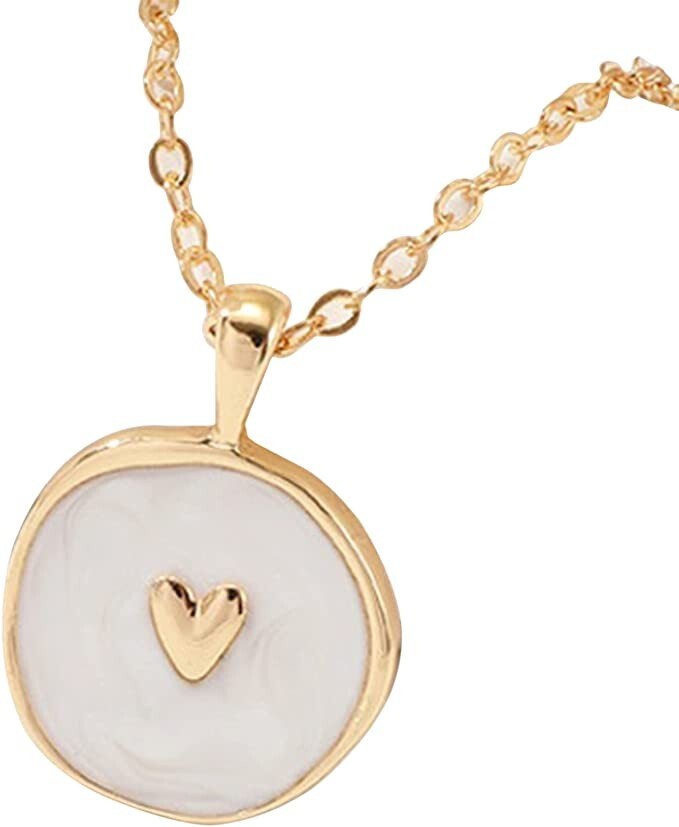 White Heart Charm Necklace Gold Chain w/ Celestial Pendant, Sun Moon Stars Love