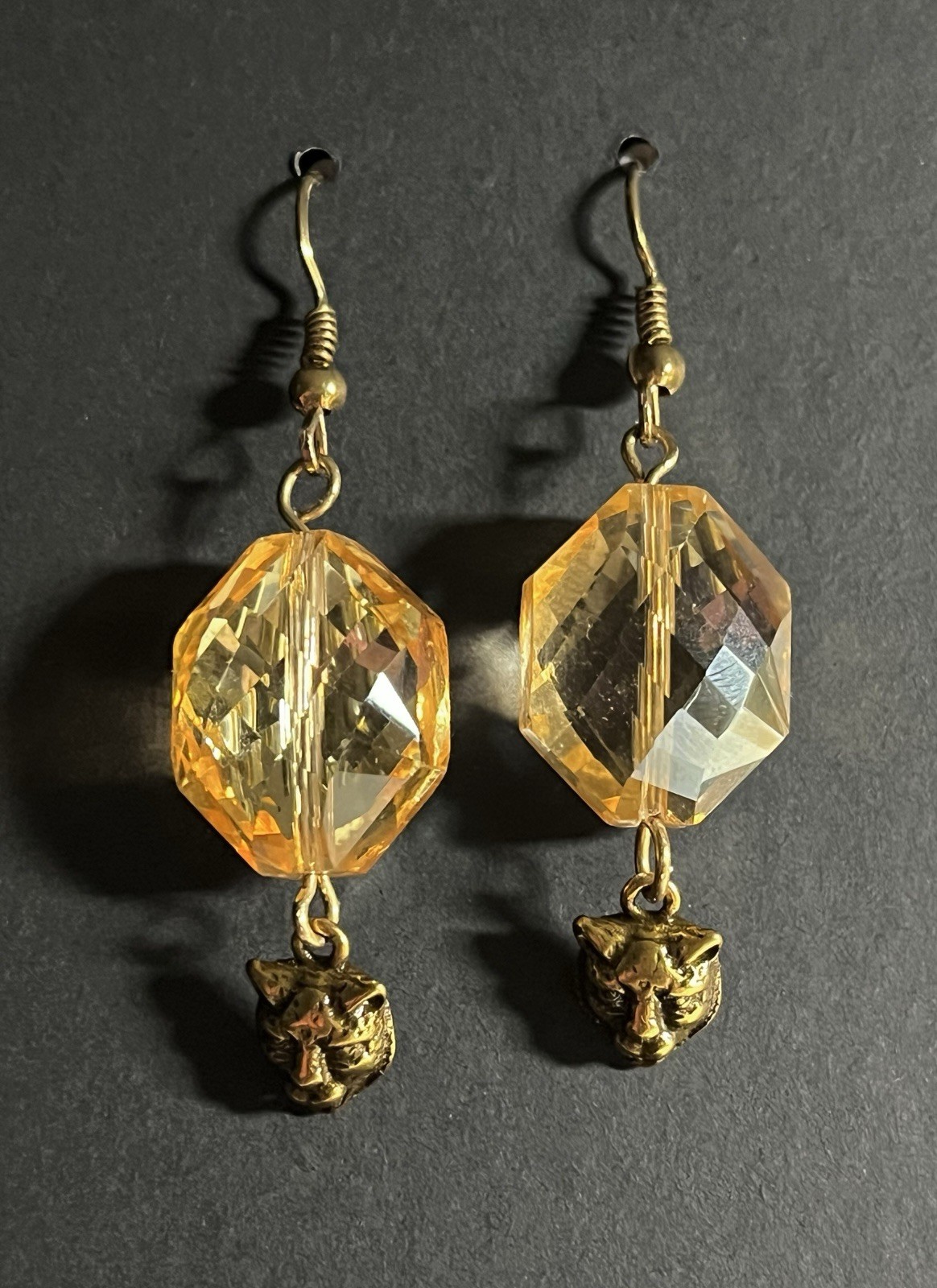 Lion Head Zipper Pull Charm On Amber Bead Custom Wire Earrings