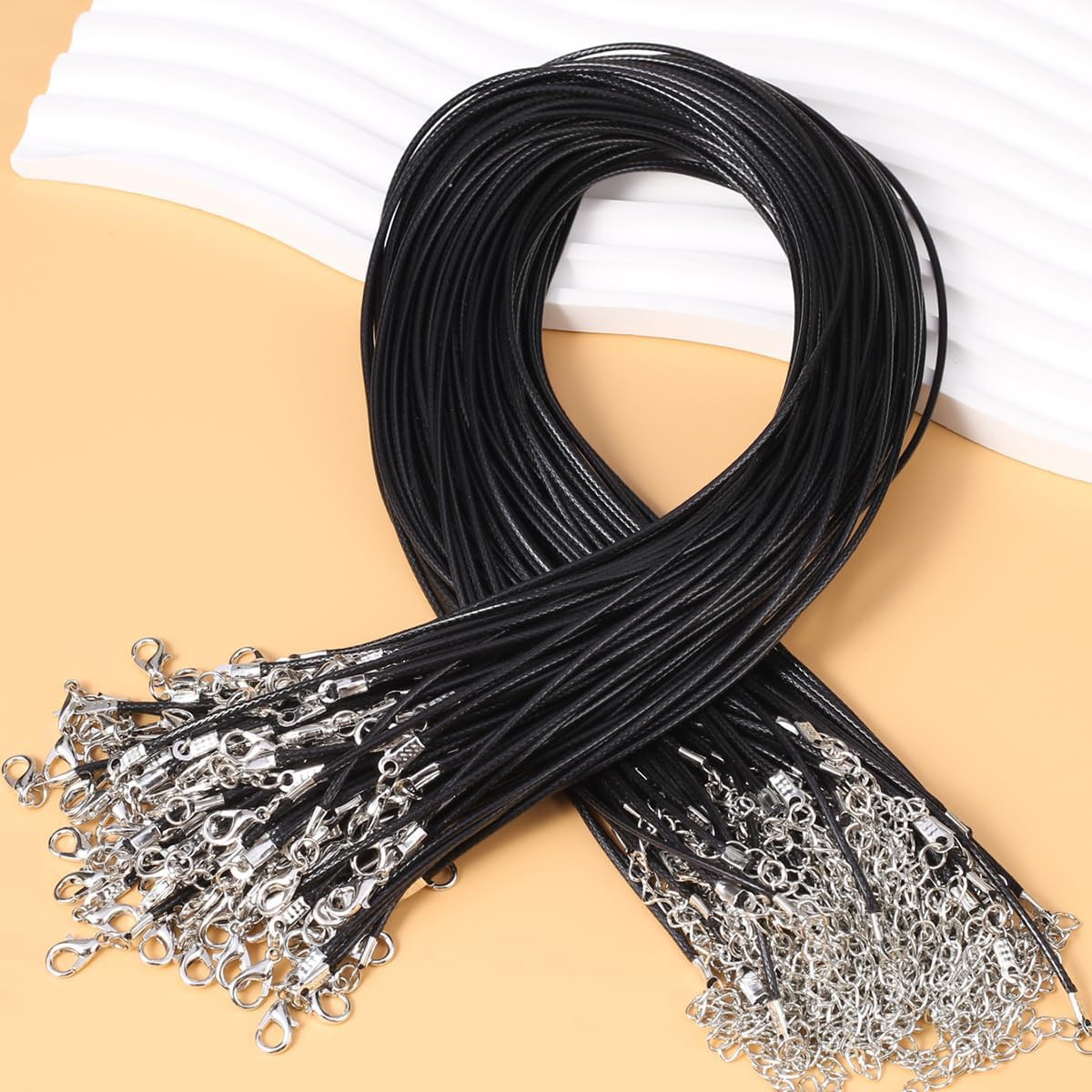 100Pcs Black PU Leather Cord Wax Rope Chain Necklace 45Cm+5Cm Stainless Steel Ch