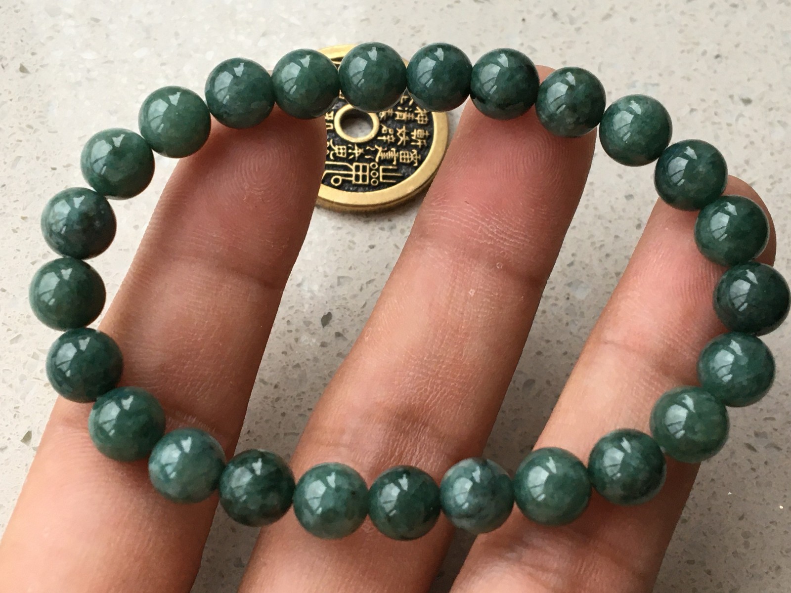 7.8mm certified 100% Natural Burma jadeite carve luck Reiki beads Bracelet 6703