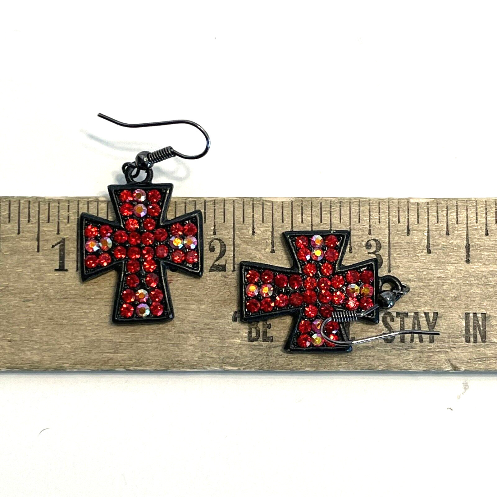 Cross Necklace and Dangle Earring Set Red Aurora Borealis Rhinestones