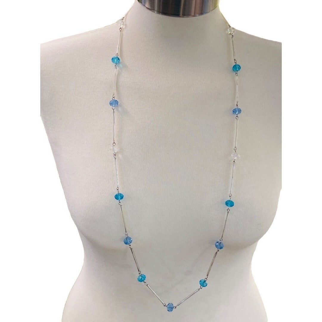Silvertone Blue Aqua Beaded Overhead 36″ Strand String Necklace