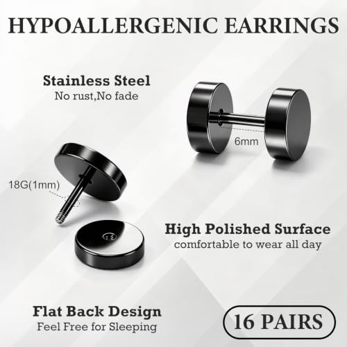 16 Pairs Faux Gauges Earrings for Men Women Stainless Steel Mens Stud Mixcolor