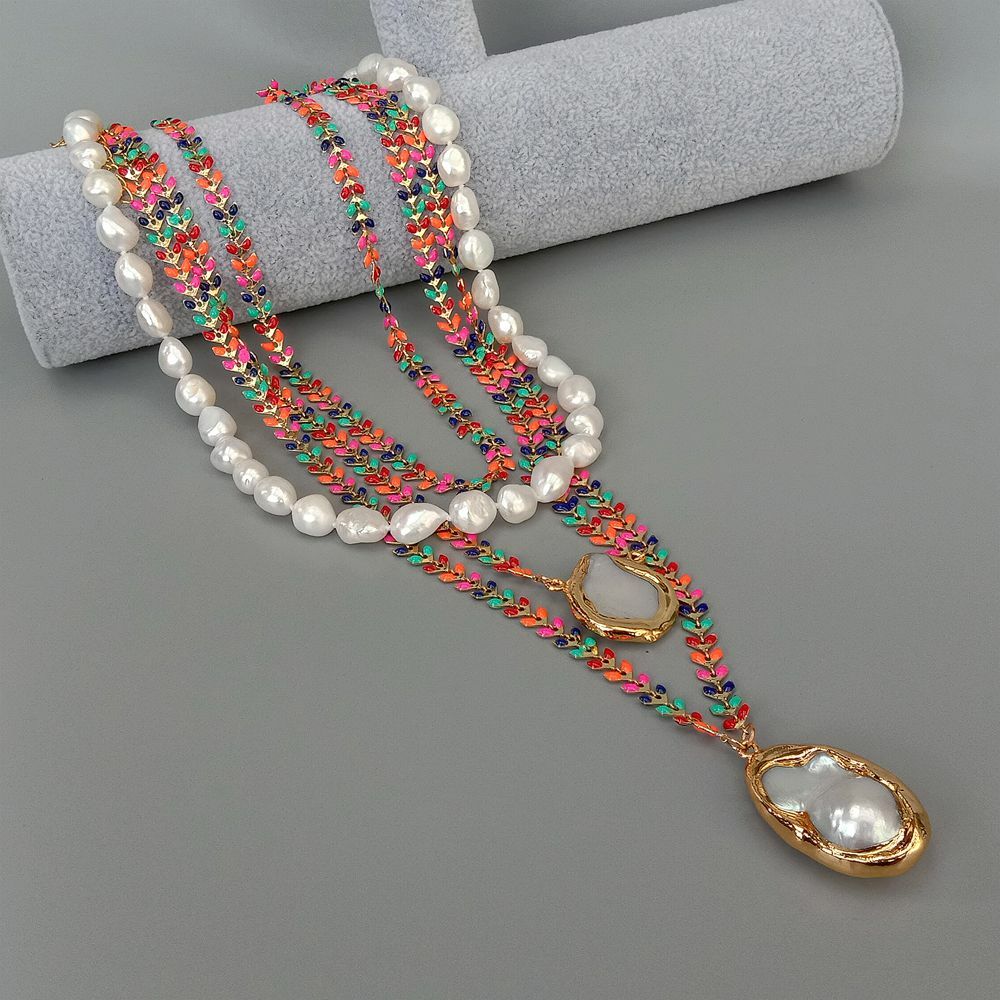 Multi Color Enamel Chain White Baroque Pearl Necklace Keshi Pearl Charm Pendant
