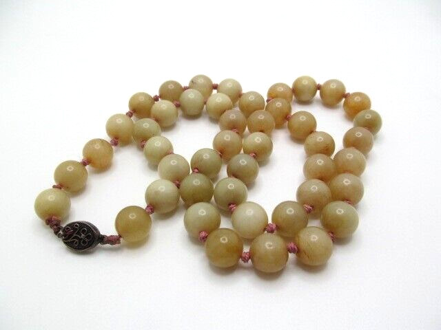Vintage Yellow Green Jade 11.5mm Stone Pink Cord Knotted Bead Necklace 26 In