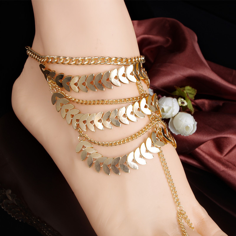 Barefoot Beach Sandals 2pcs Boho Gypsy Gold Anklet Chain Bracelet Foot Jewelry