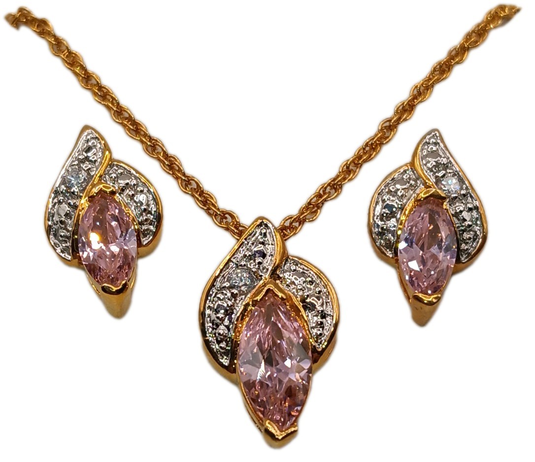 Estate Pink & White CZ Marquise Pendant Necklace/Earrings 14kt Rose Gold Plate