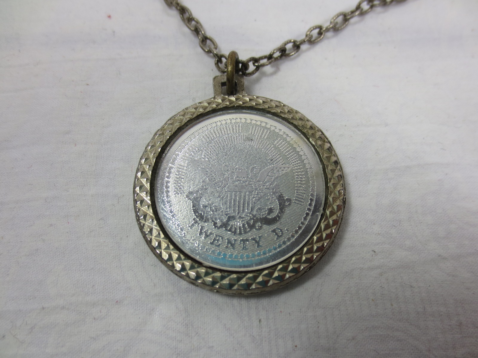 Vintage False 20 Dollar COIN NECKLACE 1776, 24″ Silver-tone Chain & Trim
