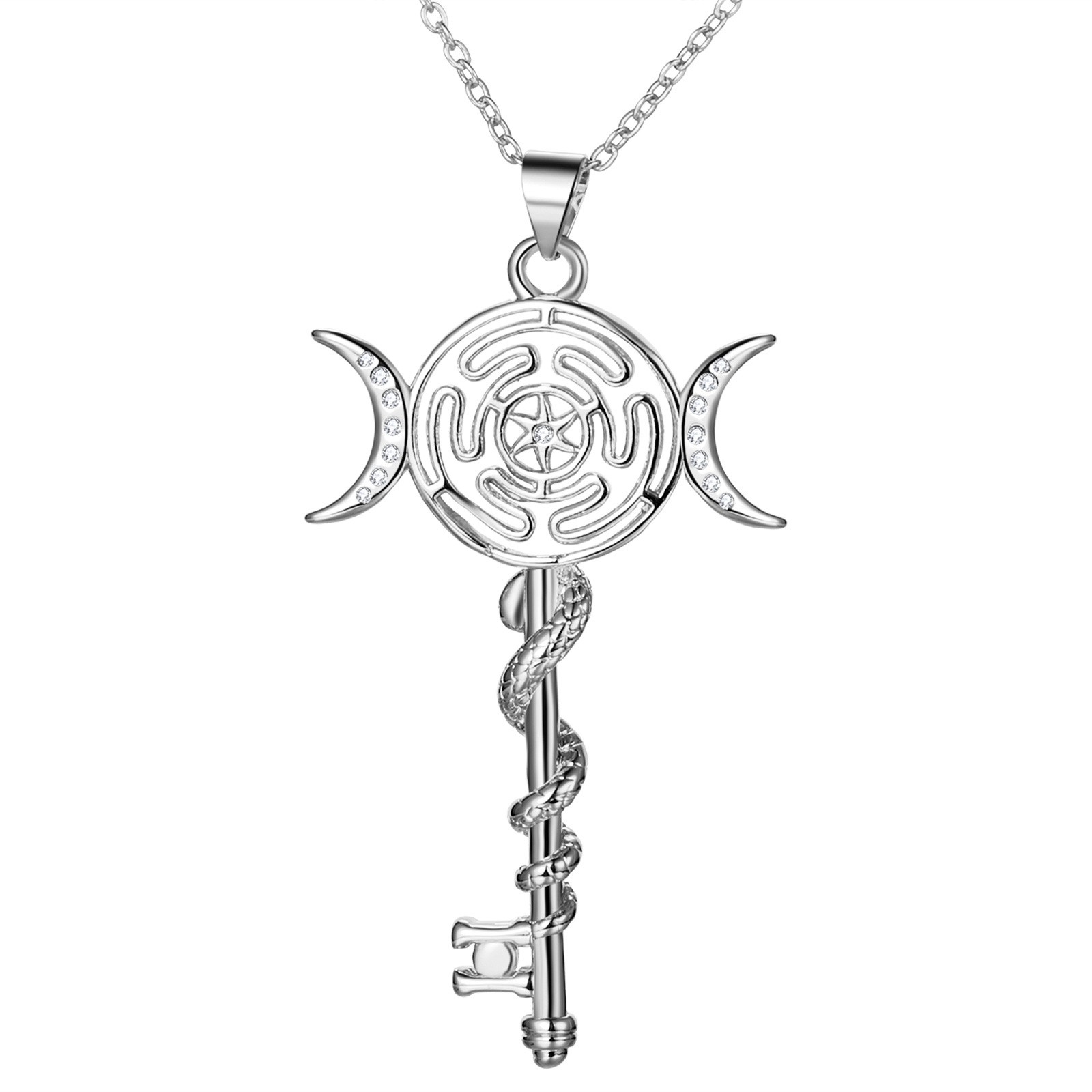 Women’s Hecate Triple Moon Goddess Key Pendant Necklace Greek Mythology Jewelry
