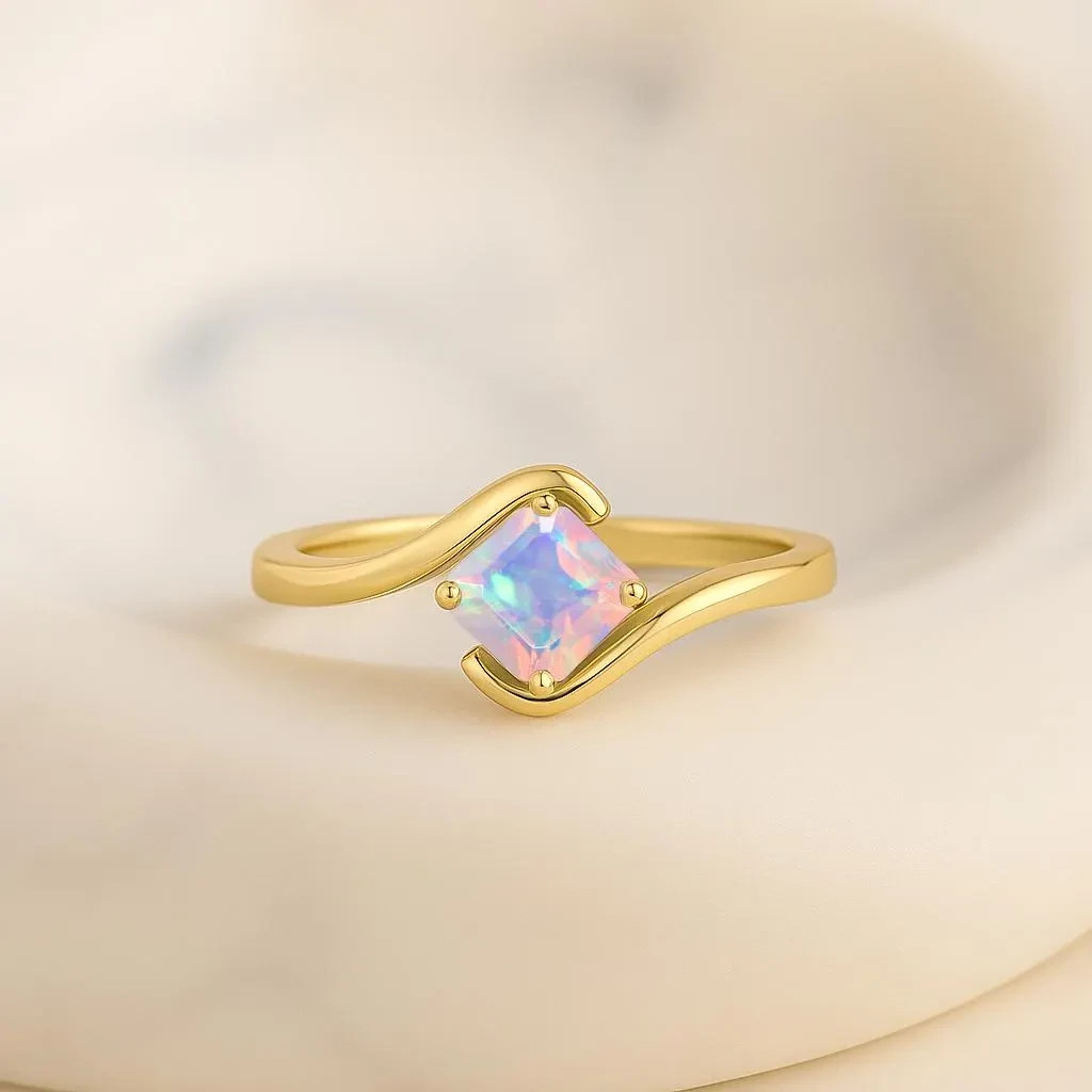 AAA White Fire Opal Gemstone Statement Ring, Genuine Opal Gemstone Gold Ring