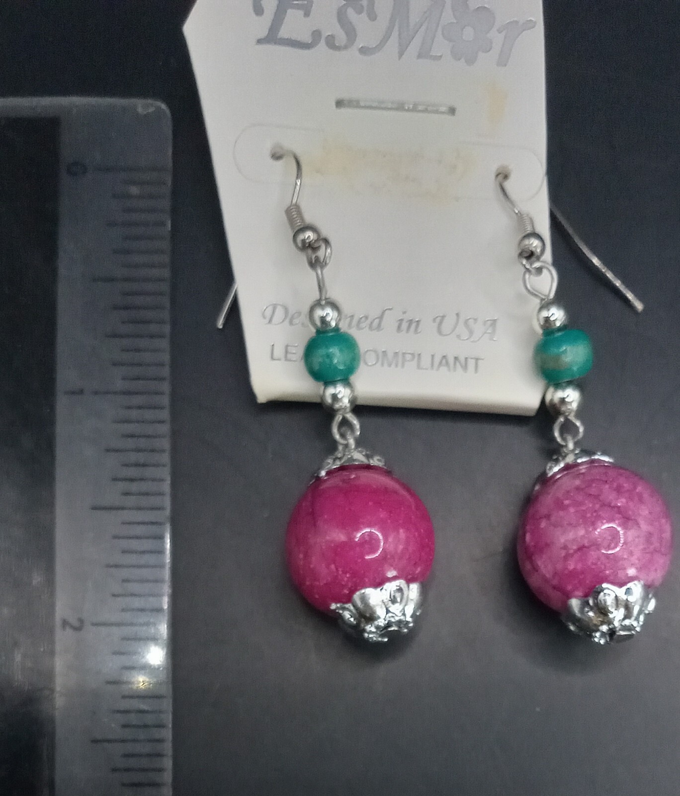 EsMor Silver Tone Marbed Pink And Green Glass Beaded Dangle Drop Hook Earrings