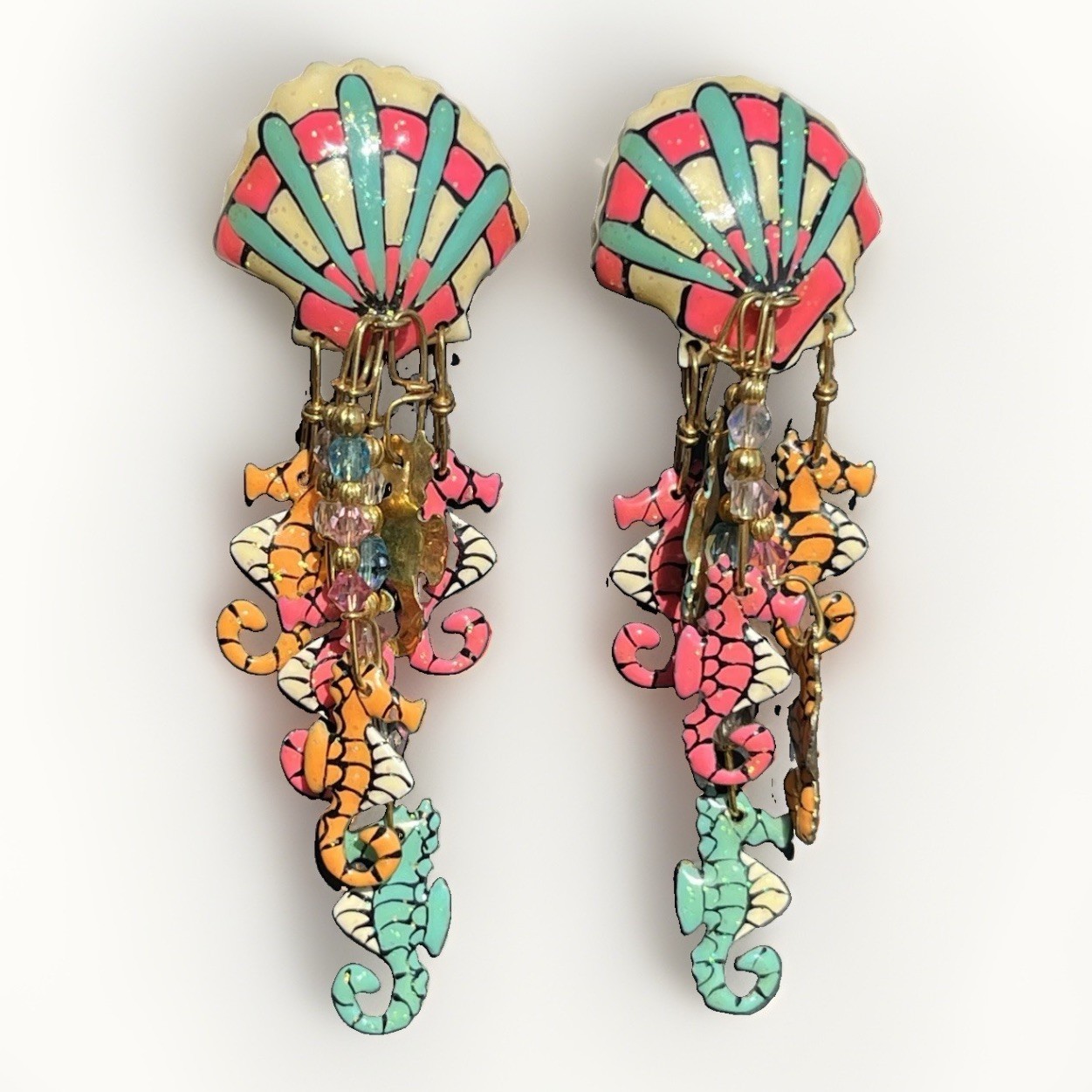 Lunch At The Ritz signed Seahorse Sea shell clip on earrings