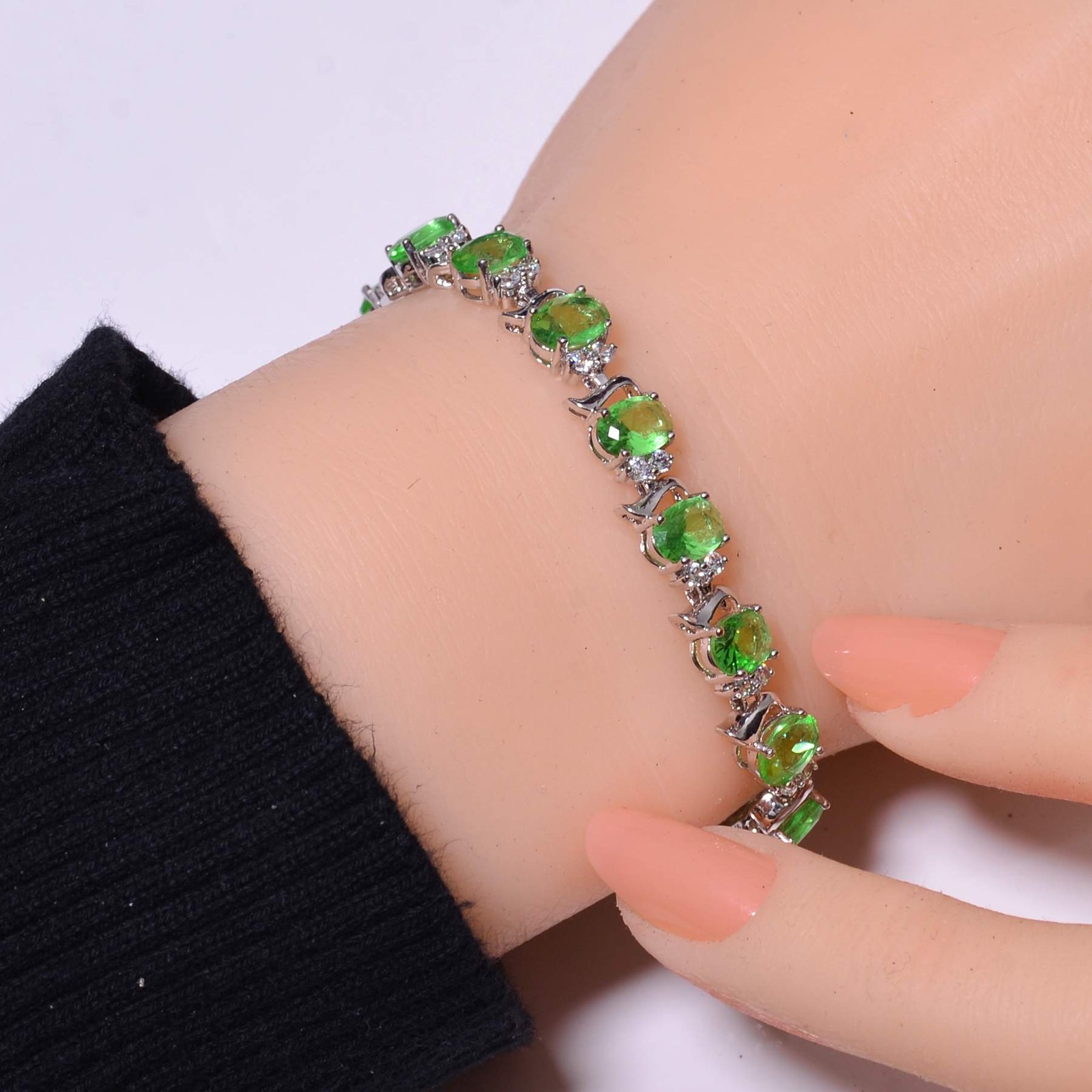 Green Amethyst & Cubic Zirconia 925 Sterling Silver Tennis Bracelet 7.99″ B16