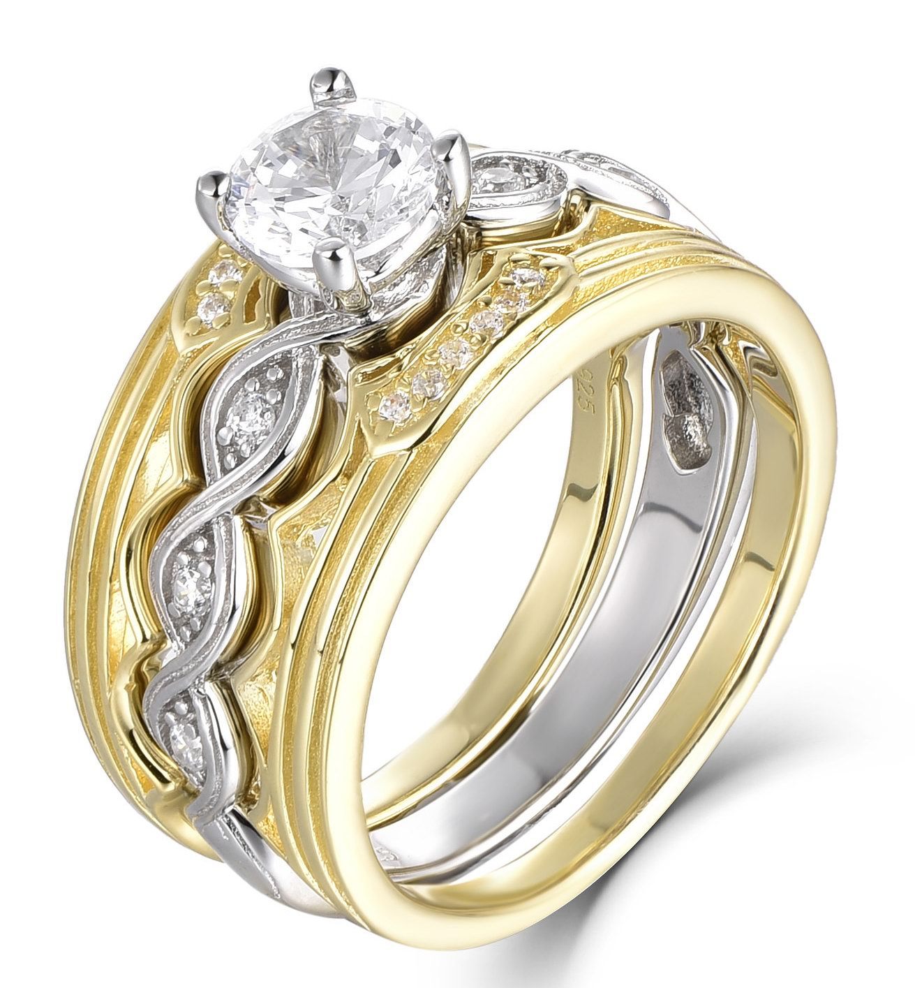 3PC Sterling Silver Cz Gold Wedding Band Engagement Rings Set Size 3-12 SRW75A