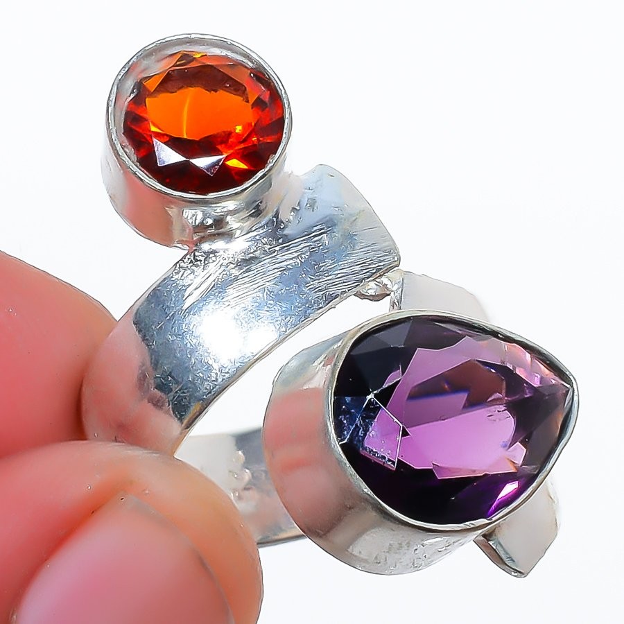 African Amethyst & Garnet Gemstone 925 Silver Plated Ring s.6 LR-10340
