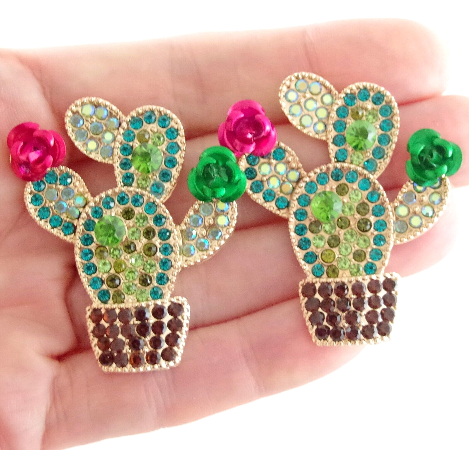 1.75″ BETSEY JOHNSON CRYSTAL RHINESTONE CACTI w 3D METAL CACTUS FLOWERS EARRINGS