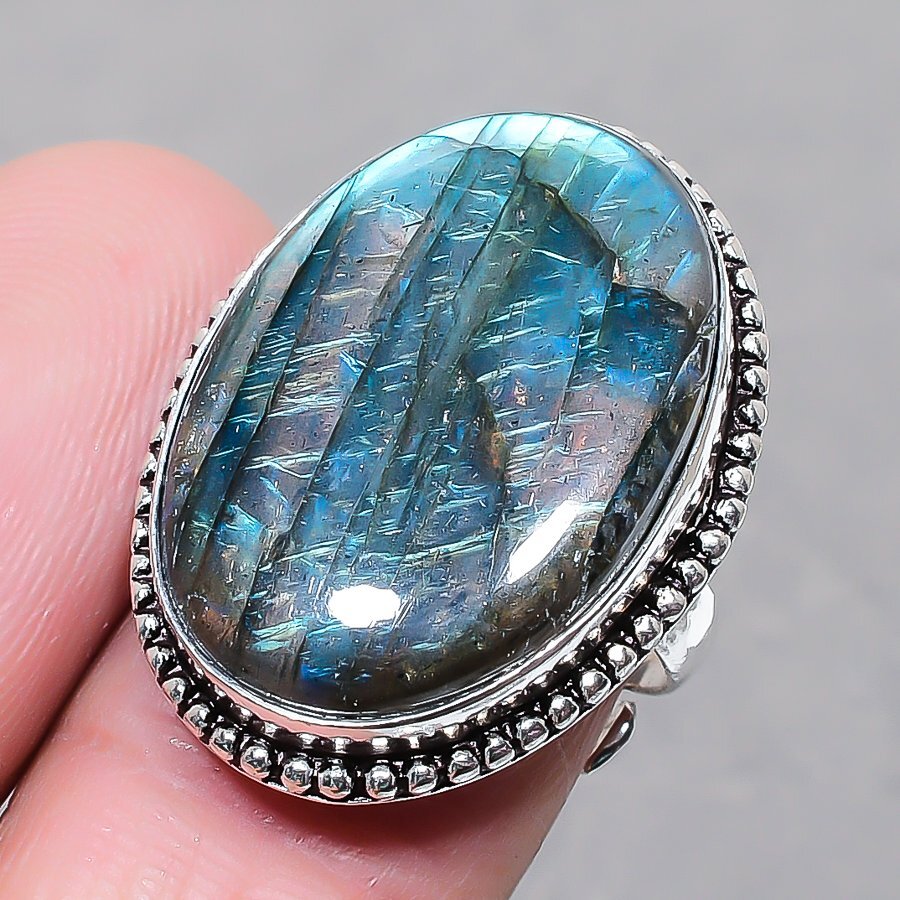 Blue Fire Labradorite Oval Shape Gemstone Adjustable Ring Decent Jewelry FR 1795