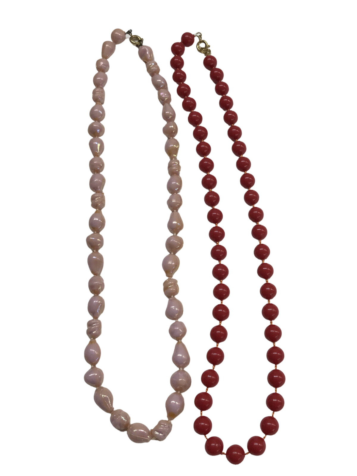 Vintage Set of 2 19″ Strand String Necklace Pink Shell Look and Red