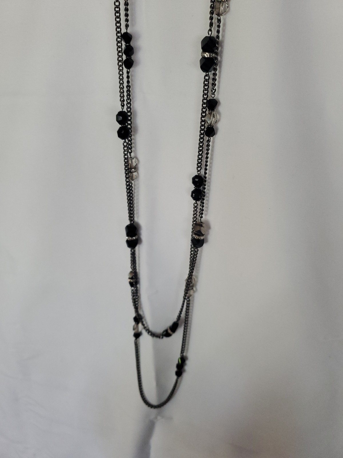 Black Beaded Chain Long Necklace Jet Tone Beads