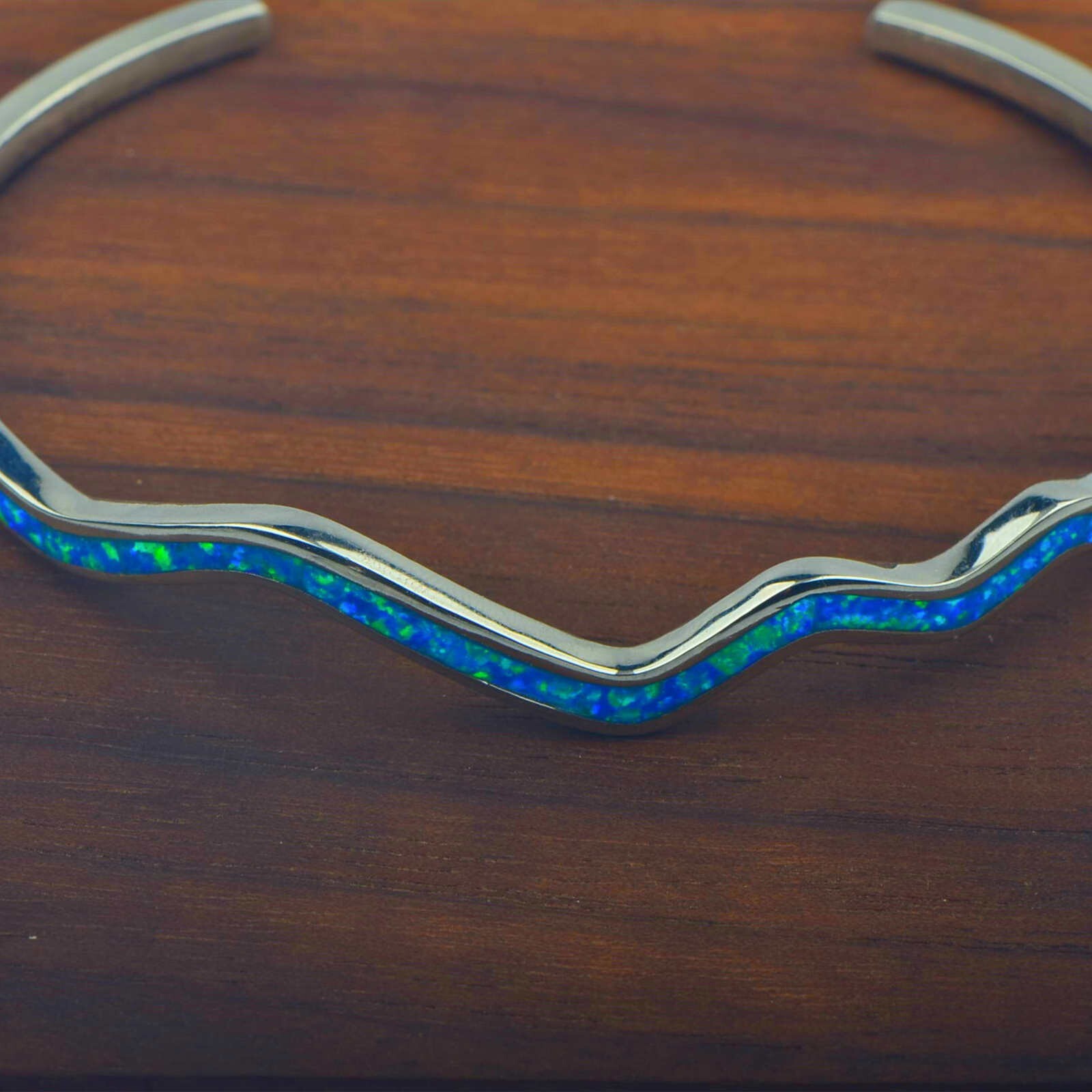 Hawaii Blue Opal Waves Cuff Bangles 925 Sterling Sliver Jewelry For Women Girls